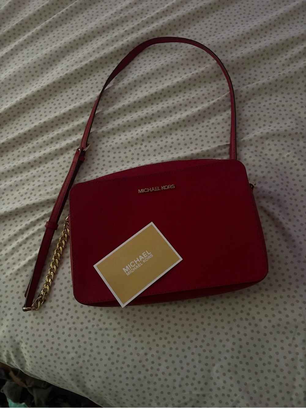 Michael Kors Red Leather Crossbody with Gold Chain Accent